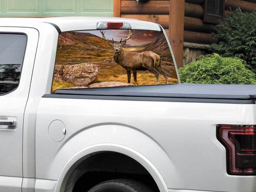 Calcomanía para ventana trasera de ciervos y montañas, hermosa naturaleza, pegatina para camioneta, SUV, coche, cualquier tamaño