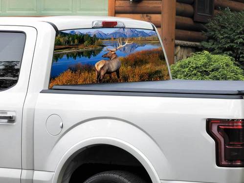 Venado montañas río EE. UU. paisaje naturaleza ventana trasera calcomanía pegatina camioneta SUV coche cualquier tamaño
