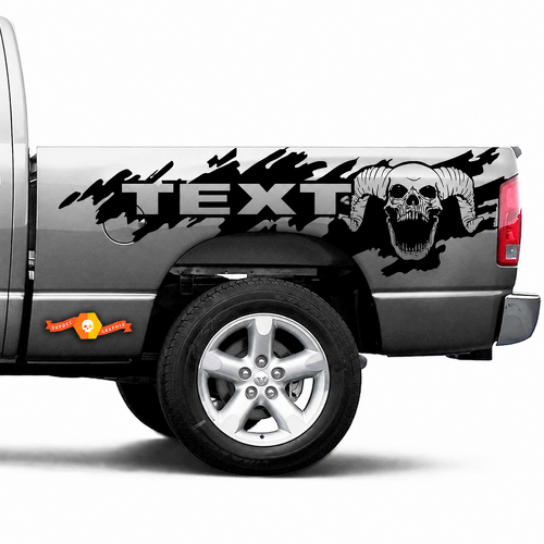 Calcomanía de vinilo personalizada de salpicaduras con texto y calavera con cuernos para la cama de Dodge Ram 2500