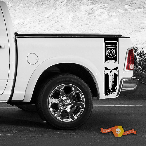 Calcomanía de vinilo con franjas laterales estilo calavera Punisher Hemi para Dodge Ram 1500-3500