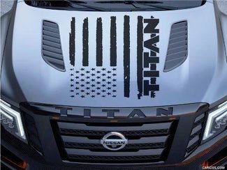 Nissan Titan Logo capucha camión vinilo calcomanía gráfico apenado bandera estadounidense Pickup
