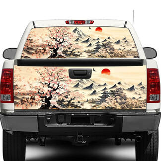 Pintura tradicional japonesa Sumie Sakura ventana trasera o portón trasero calcomanía pegatina camioneta SUV coche
