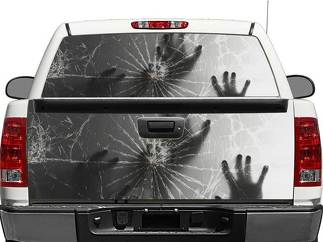 Manos detrás de la ventana trasera de vidrio roto o la etiqueta de la puerta trasera pegatina camioneta SUV coche