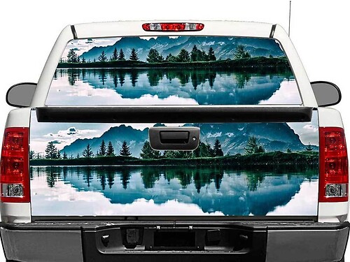 Vinilo adhesivo para ventana trasera o portón trasero con paisaje de lago en las montañas para camiones