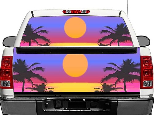 Calcomanía de vinilo para ventana trasera o portón trasero con arte de atardecer para camionetas pick-up y SUV