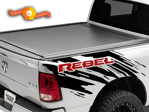 Par Dodge Ram Rebel Splash Grunge Logo Truck Vinilo Adhesivo Calcomanía cama Gráfico Fundido 2 Colores
