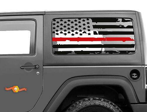 Pegatina de vinilo para ventana lateral Hardtop con bandera de EE. UU. en mal estado y línea roja para Jeep Wrangler