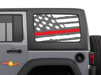Calcomanía de vinilo lateral con bandera de línea roja delgada angustiada Jeep FireFighter Fire