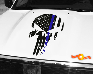 Punisher Skull Blue Line - Calcomanía para capó de bandera de 26.0 in de ancho para Jeep Dodge Chevy