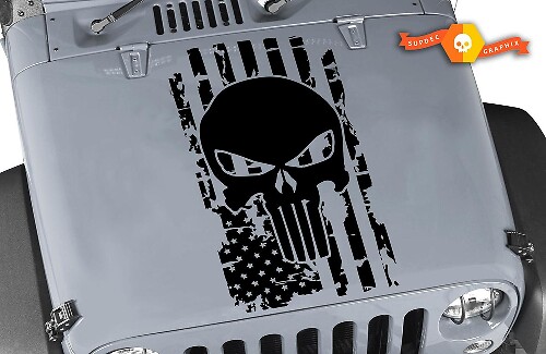 Calcomanía de vinilo con capucha de calavera castigo y bandera de EE.UU. desgastada para Jeep Wrangler