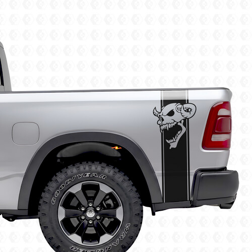 Calcomanía de vinilo con franjas y gráfico de calavera para la cabecera de la cama del Dodge Ram 1500