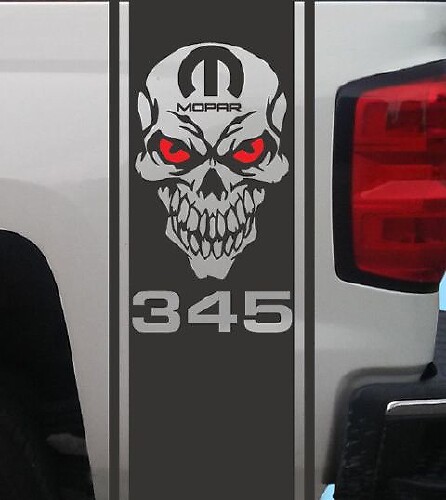 Juego de adhesivos de vinilo de franja lateral trasera Skull 345 HEMI para Dodge Ram
