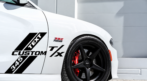 345 Hemi R/T Style Custom TEXT CUSTOM T/X Hash Stripes — Adhesivo de vinilo (lateral, puerta, guardabarros) para Dodge Charger 2011-2014
