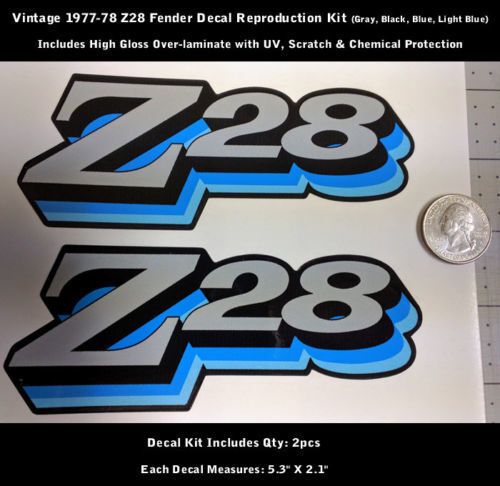 Z28 Camaro Kit de calcomanías adhesivas 2 piezas Fender 1977 1978 Vintage Blues 5.3 