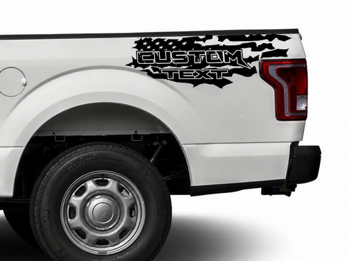 CUSTOM TEXT Distressed USA Flag Bed Stripe Pair Lateral de caja Adhesivo de vinilo para Ford F-150 Raptor