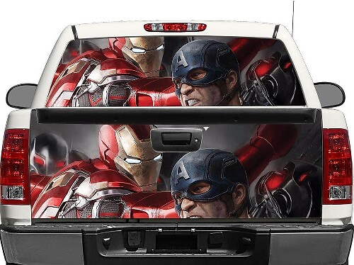 Calcomanía para la ventana trasera o portón trasero de Iron Man y Capitán América para camiones pick-up y SUV