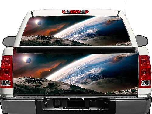 Calcomanía de vinilo para ventana trasera o portón trasero con diseño de espacio exterior, luna y tierra para camiones pick-up y SUVs