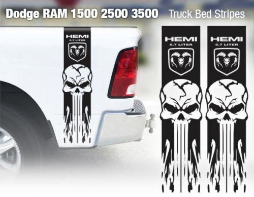 Pegatina de vinilo con diseño de calavera y llamas a los lados para Dodge Ram 3500