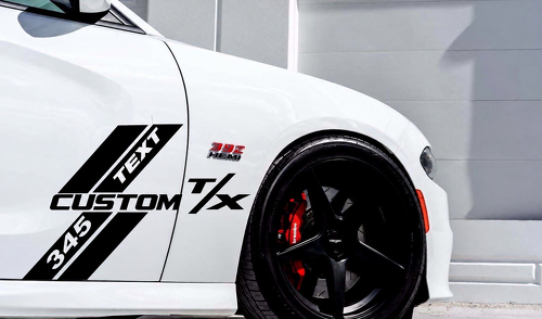 345 Hemi R/T Style Custom TEXT CUSTOM T/X Side Stripes — Adhesivo de vinilo (lateral, puerta, guardabarros) para Dodge Charger 2008-2017