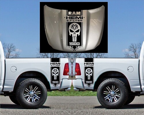 Pegatina de vinilo de franjas estilo Punisher y Hemi para capó y laterales de la cama para Dodge Ram 1500