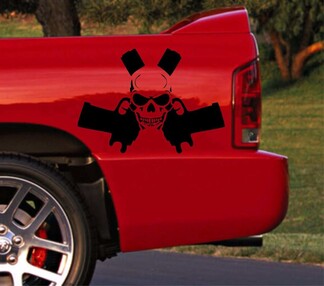 Camión coche vinilo calcomanía racing raya Dodge Ram cama trasera cráneo logo pistola ambos lados