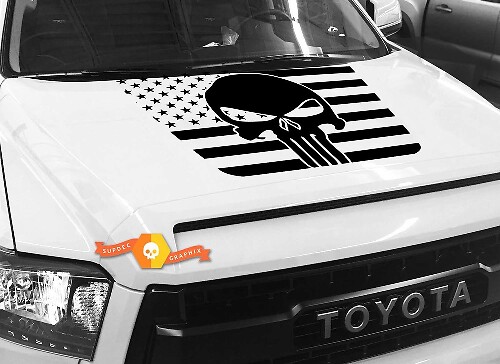 Calcomanía de vinilo Capó con calavera de Punisher sobre fondo de bandera de EE. UU. para Toyota Tundra 2014-18