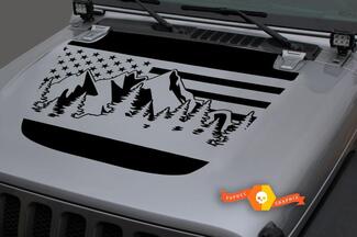 Vinilo para capó Forest Mountains USA Flag Blackout Decal Sticker para 18-19 Jeep Wrangler JL #1

