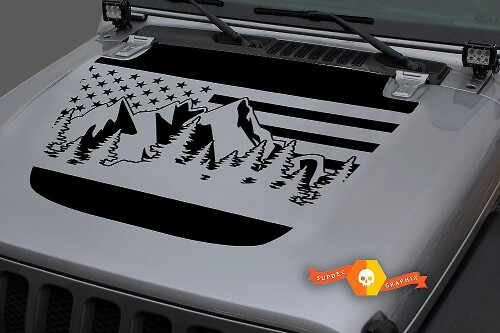 Calcomanía Vinilo para Capó con Paisaje de Montaña y Bandera de EE. UU. para Jeep Wrangler 2018-2019