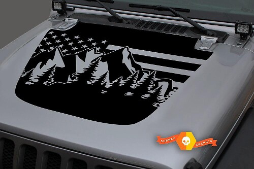 Kit de vinilo decorativo para capó con paisaje de montañas y bandera de EE.UU. para Jeep Wrangler 2018-19