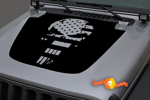 Calcomanía de vinilo para capó con bandera de USA Punisher en negro envejecido para Jeep Wrangler 2018-2019
