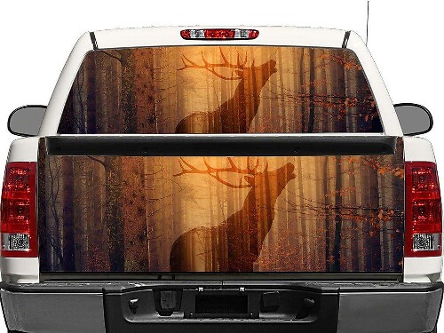 Vinilo adhesivo de silueta de ciervo y bosque para ventana trasera o portón trasero de camioneta todoterreno SUV