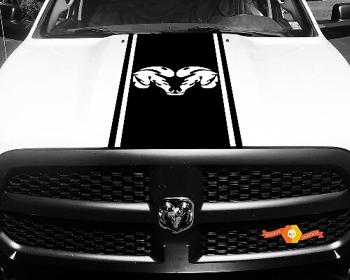 Calcomanía de vinilo Dodge Ram 1500 HOOD Ram Head Racing HEMI Stripe Stickers #35
