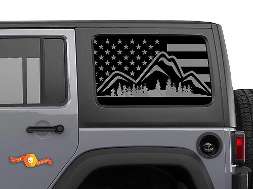 Par de vinilos adhesivos para ventana lateral con diseño de bandera de EE. UU. y montaña forestal para Jeep Wrangler Hardtop