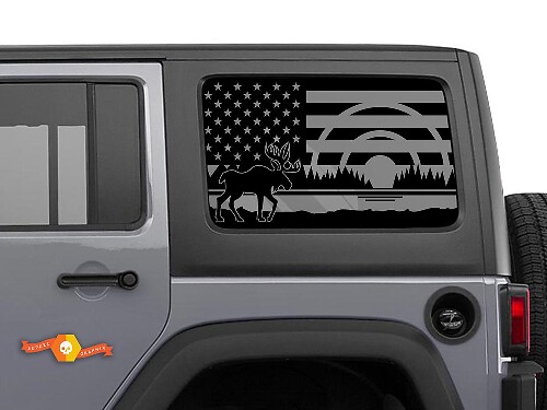 Par de vinilos de vinilo para ventanas laterales del bosque con alce y bandera de EE. UU. para techo rígido Jeep Wrangler