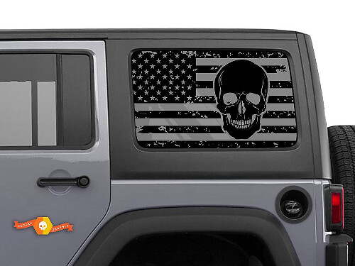 Par de calcomanías de vinilo para ventana lateral con calavera y bandera distressed de EE. UU. para Jeep Wrangler Hardtop