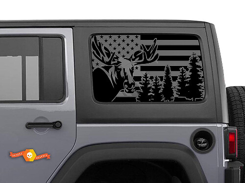 Kit de vinilos adhesivos para ventana lateral de bosque con alce y bandera de EE. UU. para Jeep Wrangler Hardtop