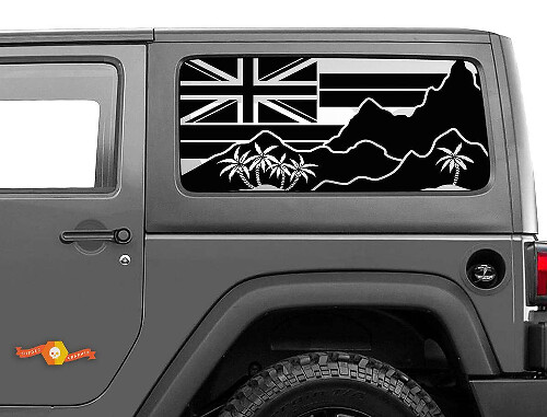 Pegatina de vinilo para ventana lateral con bandera de Hawái, montañas y palmeras para Jeep Wrangler 2007-2019