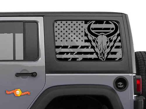 Calcomanía de calavera Longhorn con bandera de EE. UU. para ventanas traseras de techo rígido de Jeep
