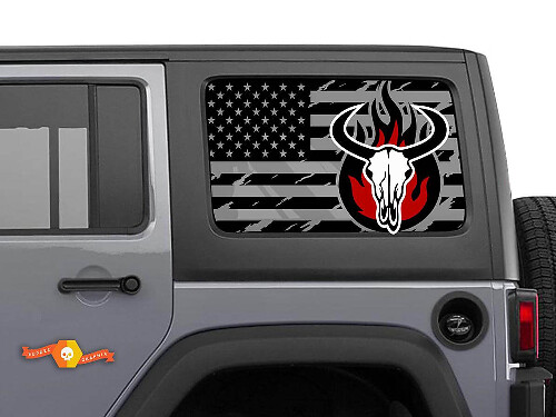 Par de calcomanías de vinilo para ventana lateral con calavera de toro y bandera de EE. UU. desgastada para techo rígido de Jeep Wrangler