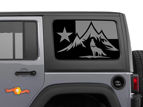 Pegatina de parabrisas de la bandera de Texas, lobo del bosque, montañas para Jeep Wrangler Rubicon Hardtop
