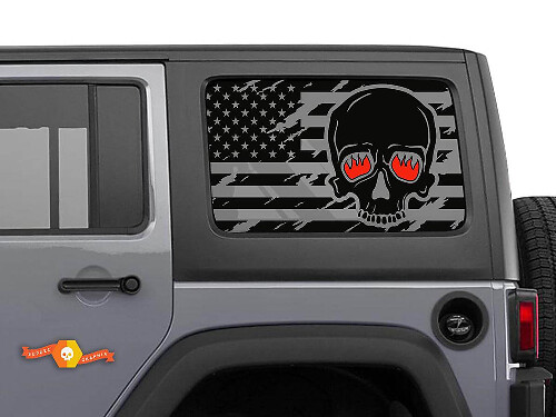 Calcomanías de vinilo para ventana lateral con calavera y bandera USA con ojos ardientes para Jeep Wrangler Hardtop