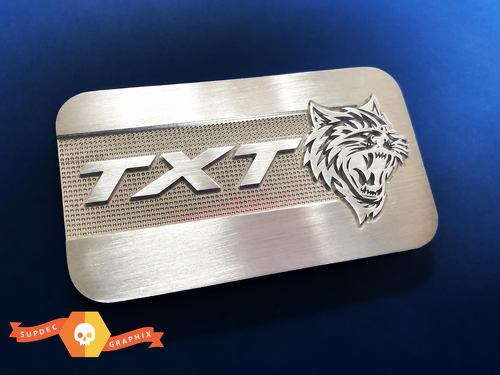 SRT Supercharger Style Brushed Aluminum Custom TXT Cat — Emblema (universal)