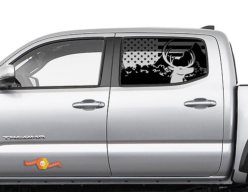 Calcomanía de ventana lateral destruida con alces del bosque de bandera estadounidense para Toyota Tacoma 4Runner Tundra
