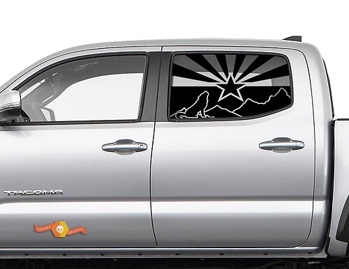 Pegatina vinilo para ventana lateral con diseño de lobo y montañas de la bandera de Arizona para Toyota Tacoma