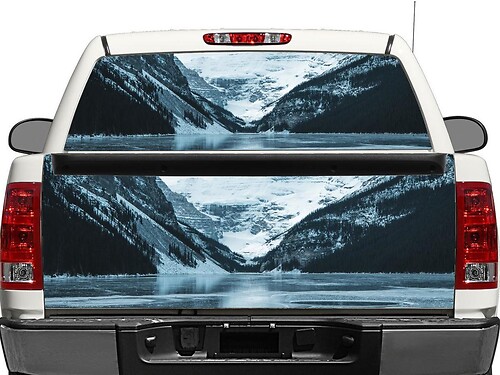 Pegatina de vinilo para ventana trasera o portón trasero con paisaje de montañas nevadas para camiones pick-up y SUVs