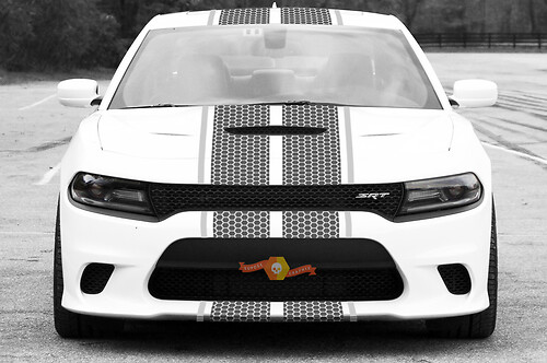 2015 y posteriores Dodge Challenger SRT / HELLCAT estilo doble tira con borde panal Rally Stripe Kit de calcomanías adhesivas

