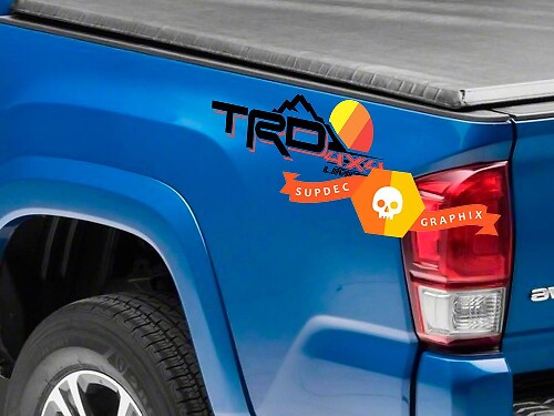 Pegatinas de vinilo para la base de la cama con logotipo de puesta de sol vintage TRD Mountains 2 para Toyota Tacoma Tundra FJ Cruiser
