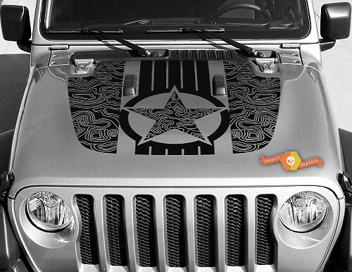 Vinilo adhesivo de capó con mapa topográfico Military Star para Jeep Wrangler y Gladiator