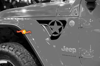 Par de Jeep Wrangler Gladiator JL JLU Military Star Front Fender Vent Accent 2pc vinilo calcomanía gráfico kit para 2018-2021 para ambos lados
