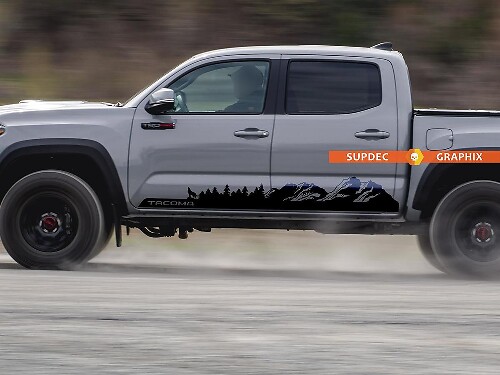 Calcomanía adhesiva lateral de vinilo de montañas, árboles y lobo para Toyota Tacoma